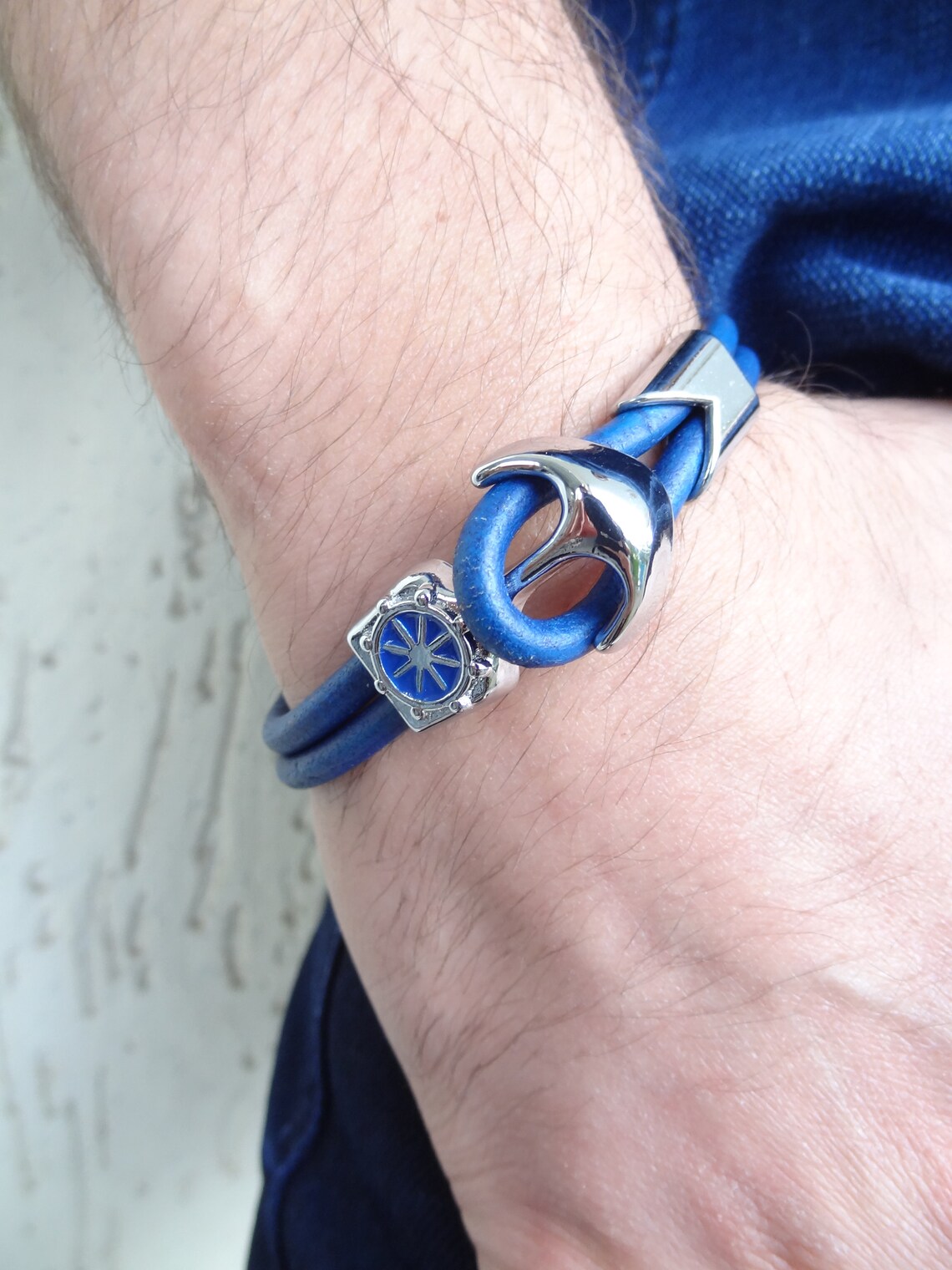 Men's Blue Leather Bracelet Ship Rudder Anchor Clasp Etsy