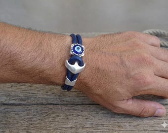 Men's Leather Bracelet, Evil Eye Bracelet, Dark Blue Leather Bracelet, Protection Bracelet, Mens Jewelry, Gift for Her, Father's Day Gifts