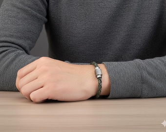 Olive Green Braided Leather Bracelet, Stainless Steel Clasp, Men's Jewelry