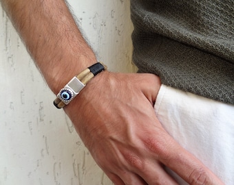 Men's Evil Eye Bracelet, Natural Leather with Silver Magnetic Evil Eye Clasp, Men's for Protection, Turkish Nazar Bracelet, Anniversary Gift
