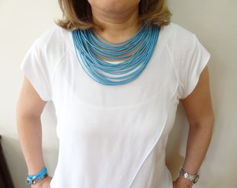 Multi Strand Necklace, Statement Jewelry, Turquoise Leather Look Rope, Cord Necklace, String Necklace, Bip Jewelry, Mother's Day Gifts