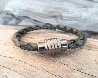 Olive Green Braided Leather Bracelet, High Quality Leather, Men's Jewelry, Magnetic Clasp Bracelet, Gift for Husband, Father's Day Gifts