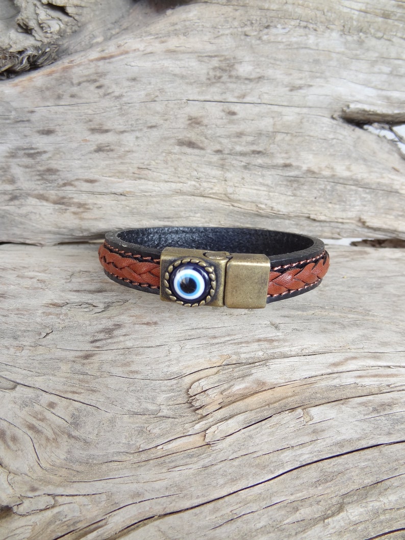Father/'s Day Gifts Men/'s for Protection Black and Brown Braided Thick Leather Nazar Men/'s Evil Eye Bracelet Bronze Magnetic Evil Eye