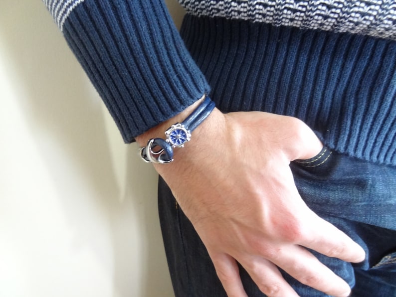 Couples Bracelet Gift for Him Unisex Cuff Bracelet Red Leather Bracelet Chrome Wheel Anchor Clasp Gift for Her Blue Leather Bracelet