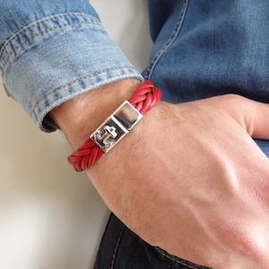 Red Thick Braided Leather Bracelet, High Quality Leather, Men&#39;s Jewelry, Magnetic Clasp, Anchor Bracelet, Gift for Him, Father&#39;s Day Gifts