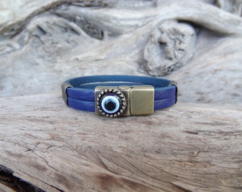 Blue Thick Leather Bracelet, Men's Evil Eye Bracelet, Bronze Evil Eye Magnetic Clasp, Men Leather Jewelry, Protection for Men Bracelet
