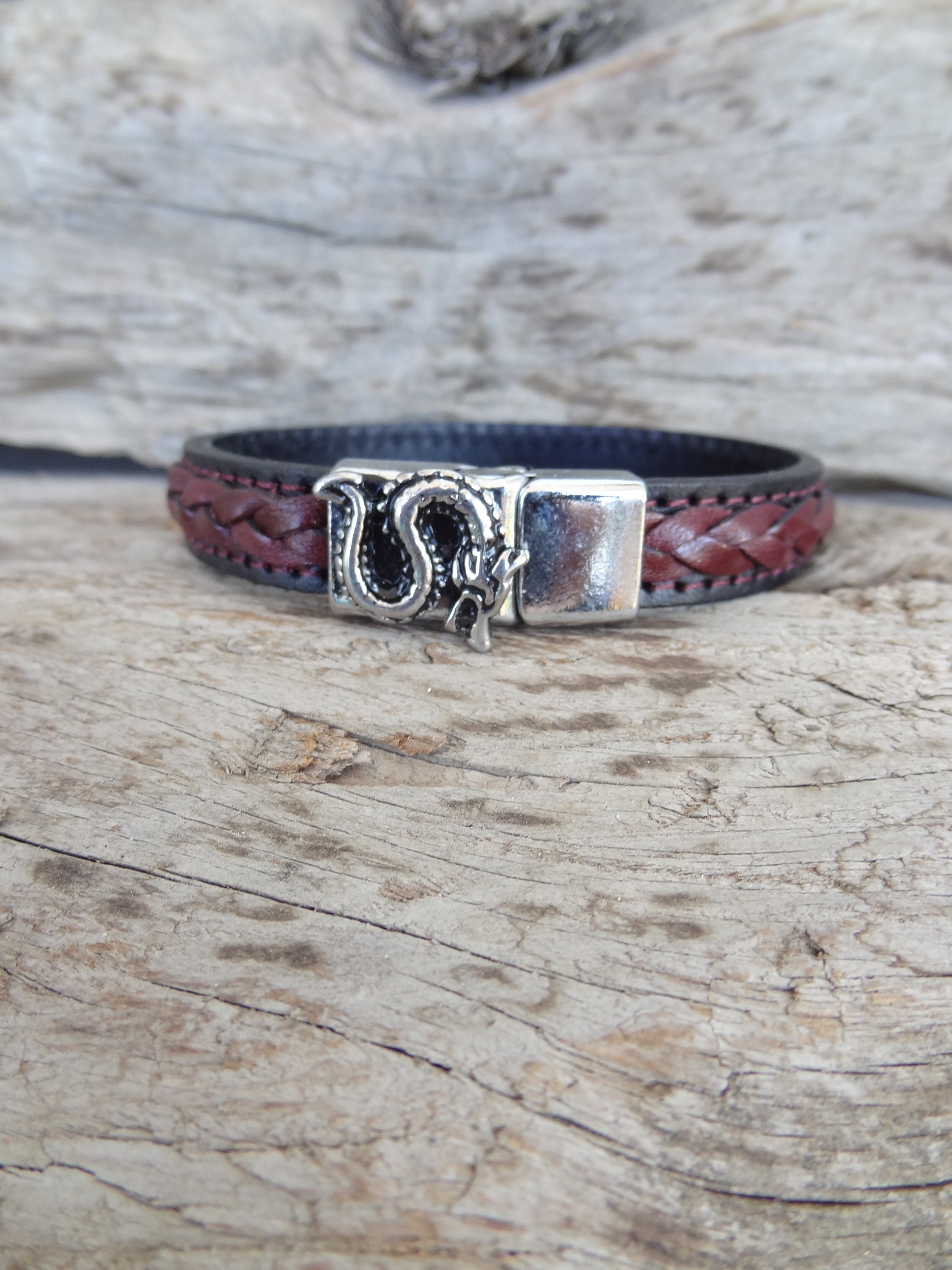 Mens Dragon Bracelet Burgundy and Black Leather With Dragon Etsy UK