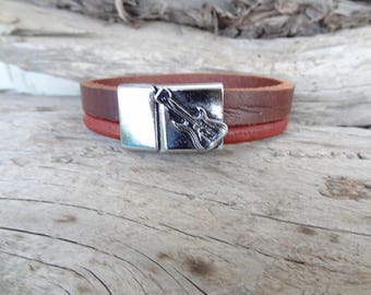 Men's Brown,Burgundy Leather Bracelet,Music Guitar Bracelet,Men's Jewelry,Chrome Magnetic Clasp Bracelet,Father's Day Gift