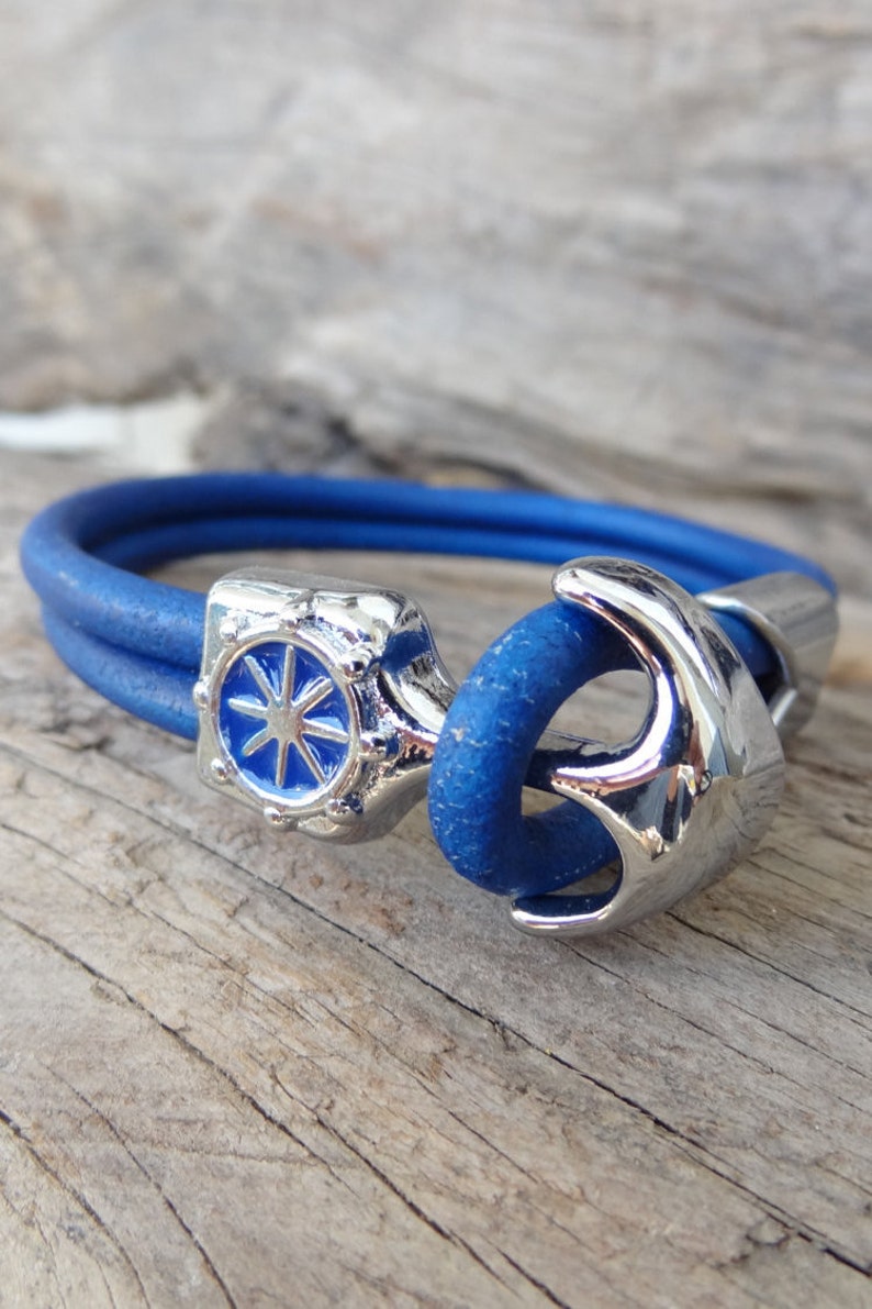 Men's Blue Leather Bracelet Ship Rudder Anchor Clasp Etsy