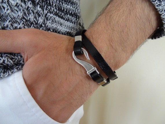 Black Wrap Leather Bracelet, Silver Hook Clasp, Bracelet, Hook