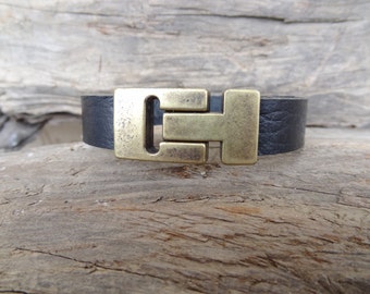 Men's Black Leather Bracelet, Men's Jewelry, Bronze Magnetic Clasp Bracelet, Men's Cuff Bracelet, Gift for Him, Father's Day Gifts