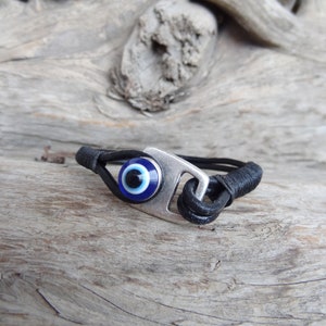 Men's Evil Eye Bracelet, Black Leather and Silver Hook Clasp, Protection Bracelet, Mens Jewelry, Gift for Anniversary, Father's Day Gifts image 5