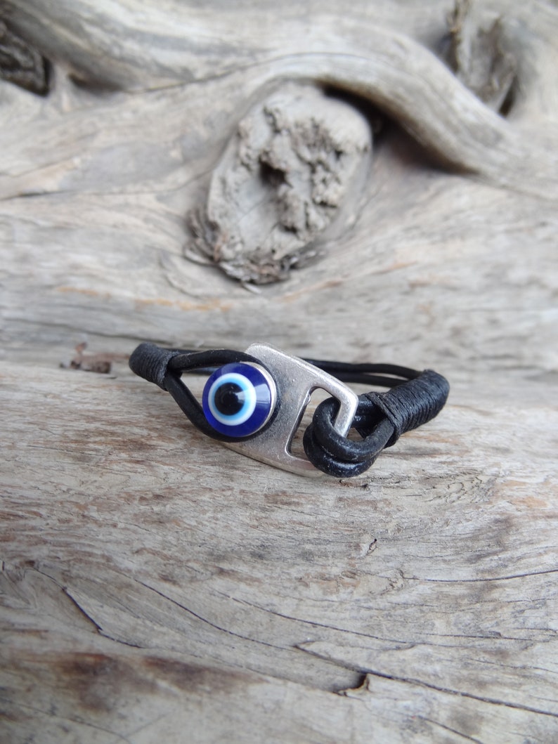 Men's Evil Eye Bracelet Black Leather and Silver Hook Etsy
