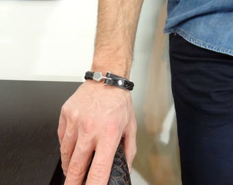 Black Braided Genuine Leather Bracelet, Steel Hook Clasp Men's Jewelry