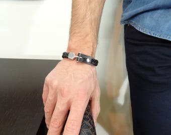 Black Thick Braided Leather Bracelet, High Quality Leather Bracelet, Men's Jewelry, Steel Hook Clasp Bracelet, Valentine's