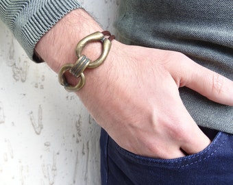 Men's Chocolate Brown Leather Bracelet, Men's Jewelry, Bronze Magnetic Clasp