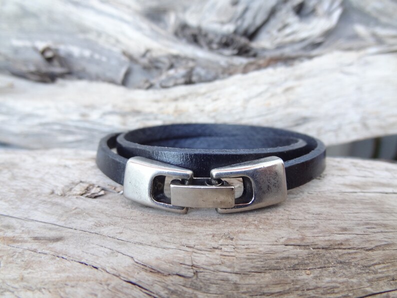 Womens Wrap Leather Bracelet Black Leather With Silver Snap Etsy