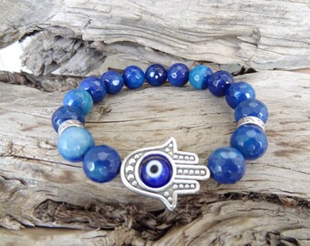 Blue Agate Bracelet, Silver Hamsa and Evil Eye Bead, Gemstone Bracelet, Protection Bracelet, Nazar Jewelry, Gift for Mom, Mother's Day Gifts