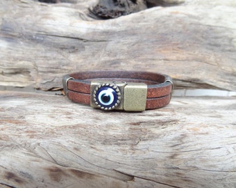 Men Evil Eye Bracelet, Brown Thick Leather and Bronze Magnetic Clasp, Protection Bracelet, Men Leather Cuff, Turkish Nazar, Gift for Him Her