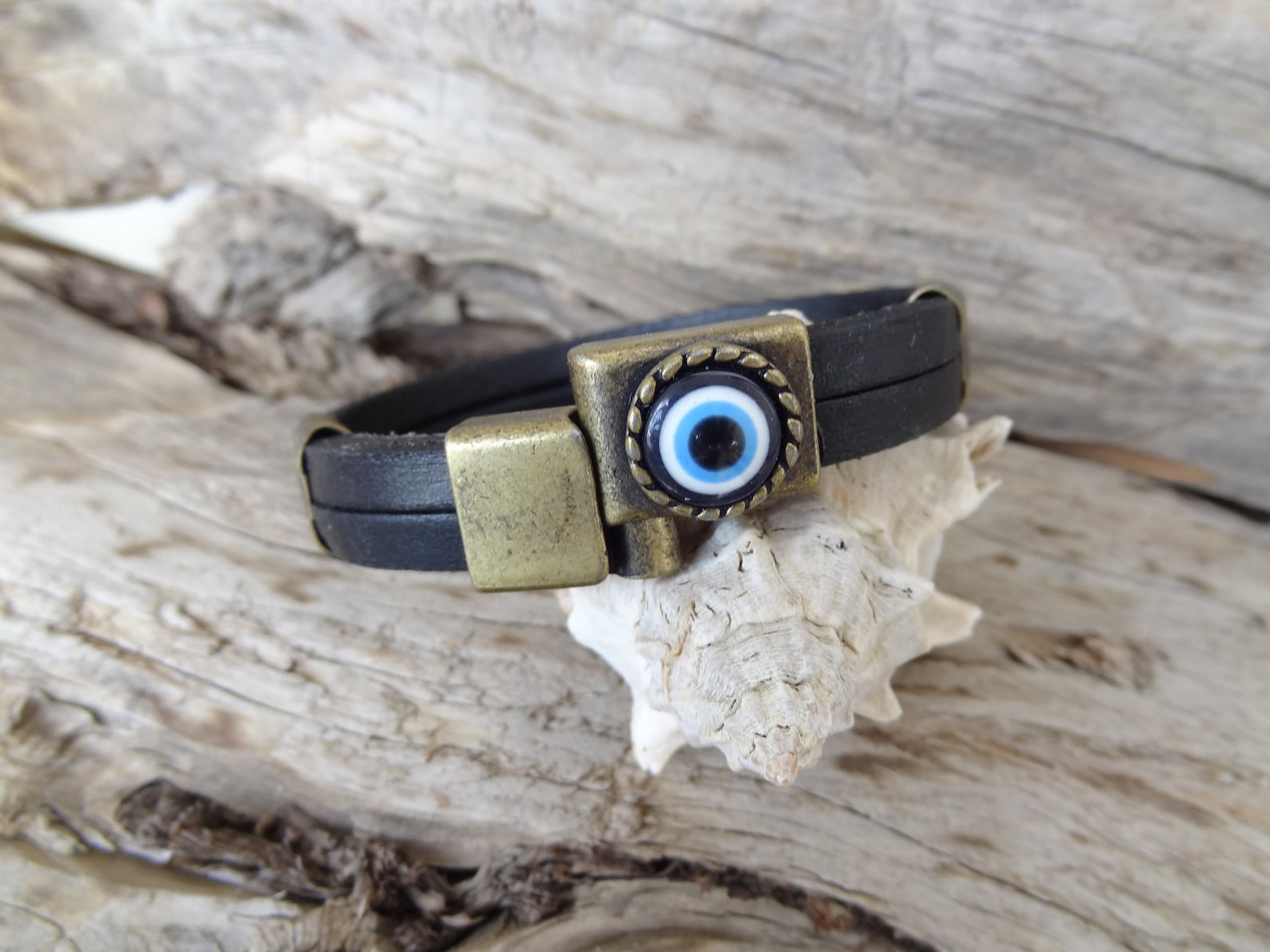 Men's Evil Eye Bracelet Black Thick Leather and Bronze Etsy