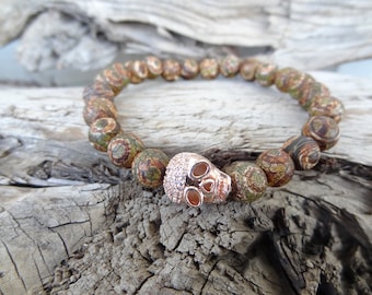 Tibetan Agate Bracelet, Men's Skull Jewelry, 18kt Rose Gold Filled Swarovski Elements, Gemstone Jewelry, Gift for Him, Father's Day Gifts