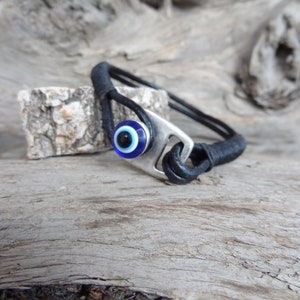 Men's Evil Eye Bracelet, Black Leather and Silver Hook Clasp, Protection Bracelet, Mens Jewelry, Gift for Anniversary, Father's Day Gifts image 7