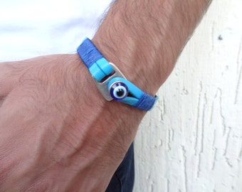 Men's Evil Eye Bracelet, Turquoise Leather and Silver Hook Clasp, Men's for Protection, Mens Jewelry, Gift for Women and Men Bracelet