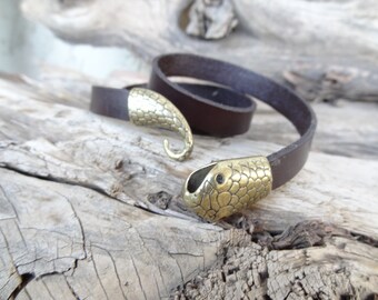 Men's Brown Leather Bracelet, Men's Jewelry, Snake Antique Brass Bracelet, Men's Wrap Bracelet, Gifts for Boyfriend Cuff