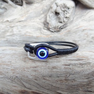 Men's Evil Eye Bracelet, Black Leather and Silver Hook Clasp, Protection Bracelet, Mens Jewelry, Gift for Anniversary, Father's Day Gifts image 4