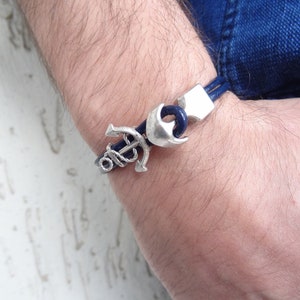 Men&#39;s Anchor Bracelet, Navy Blue Leather with Silver Anchor Clasp, Nautical Jewelry, Sailing Bracelet, Gift for Him, Father&#39;s Day Gifts