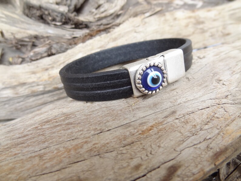 Men's Evil Eye Bracelet, Black Thick Leather With Silver Evil Eye