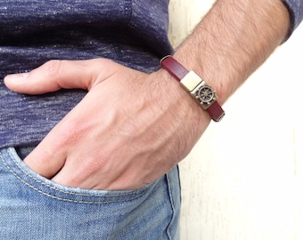 Men's Burgundy Leather Bracelet, Nautical Ship Rudder Clasp, Antique Brass Jewelry