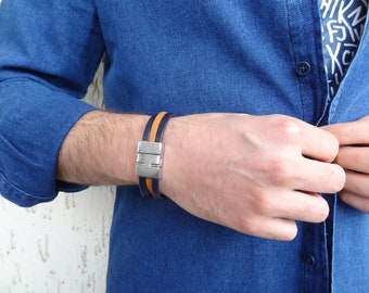 Men's Black Ginger Leather Bracelet, Chrome Magnetic Clasp, Threefold Jewelry