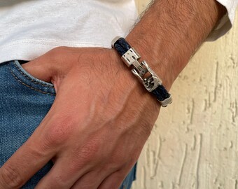 Blue Braided Faux Leather Bracelet, Silver Dolphin Clasp, Nautical Style