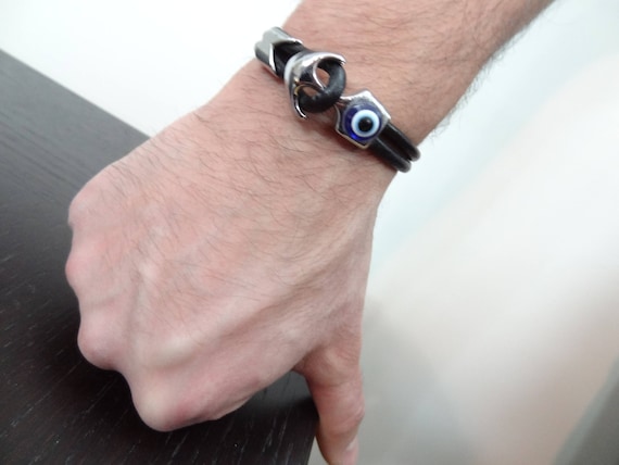 Mens leather evil eye bracelet clearance