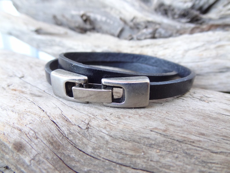 Womens Wrap Leather Bracelet Black Leather With Silver Snap Etsy