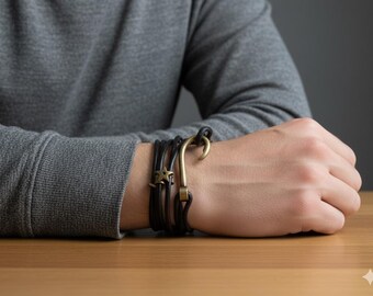 Unisex Black Leather Wrap Bracelet: Bronze Fishing Hook, Nautical Jewelry