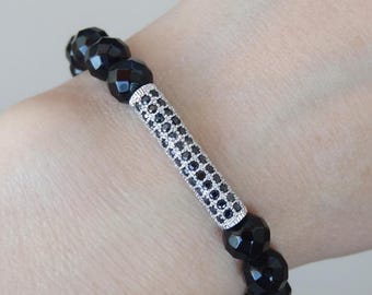 Black Onyx Bracelet with Silver Cubic Zirconia Charm