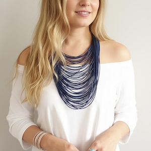 Multi Strand Necklace, Dark Blue Cord Statement Jewelry,  String Necklace