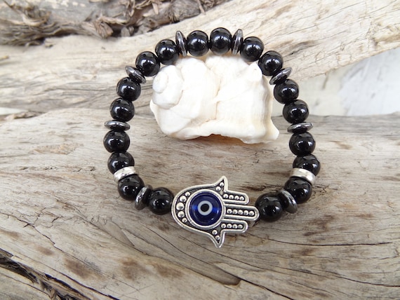 Cord And Silver ElementsValentine/'s Gift For Him Evil Eye Bracelet For Men With Hematite And Onyx Semiprecious Stones
