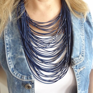 Multi Strand Necklace, Dark Blue Cord Statement Jewelry,  String Necklace