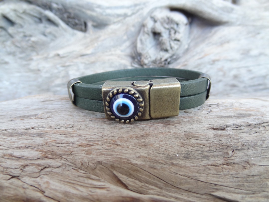 Men's Evil Eye Bracelet, Olive Green Thick Leather Bracelet, Bronze — free download