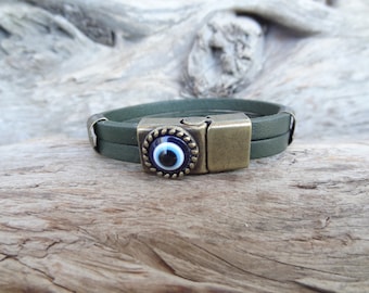 Men's Evil Eye Bracelet, Olive Green Thick Leather Bracelet, Bronze Evil Eye Magnetic Clasp, Protection for Men Bracelet, Gift for Him