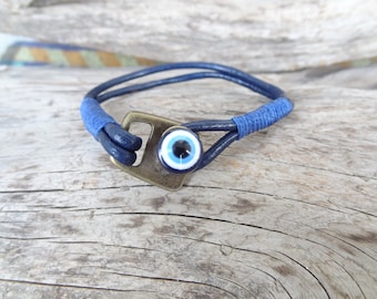 Men's Evil Eye Bracelet, Navy Blue Leather and Bronze Hook Clasp, Men's for Protection, Mens Jewelry, Gift for Him, Father's Day Gifts