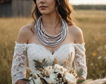 Boho Layered Necklace for Women, Multi-Strand Summer Necklace, Chocolate Brown White Cord  Dainty Gold Jewelry, Beachy Chic Gift for Her