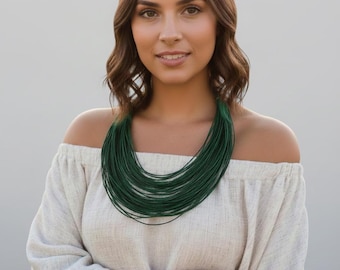 Multi Strand Necklace, Emerald Green Cord Statement Jewelry