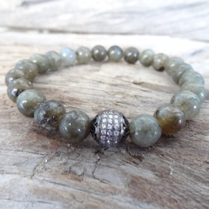 Labradorite Bracelet Men, Labradorite Gemstone Jewelry, 8k Black Rhodium Plated, Swarovski Ball, Gift for Girlfriends, Gift for Boyfriends