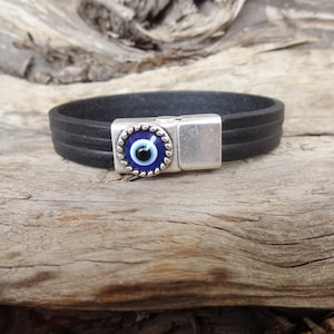 Boze oog-armband heren, zwart dik leer met zilveren boze oog macnetische sluiting, heren voor bescherming, Nazar-armband, Vaderdagcadeaus