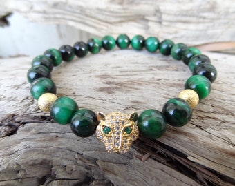 Emerald Green Tiger Eye with Tiger Head Bracelet, Cubic Zirconia Tiger Head  Gemstone Jewelry, Men's or Women's Bracelet, Gift for Her