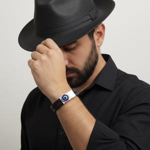 Men's Evil Eye Bracelet, Black Thick Leather with Silver Macnetic Clasp, Turkish Nazar